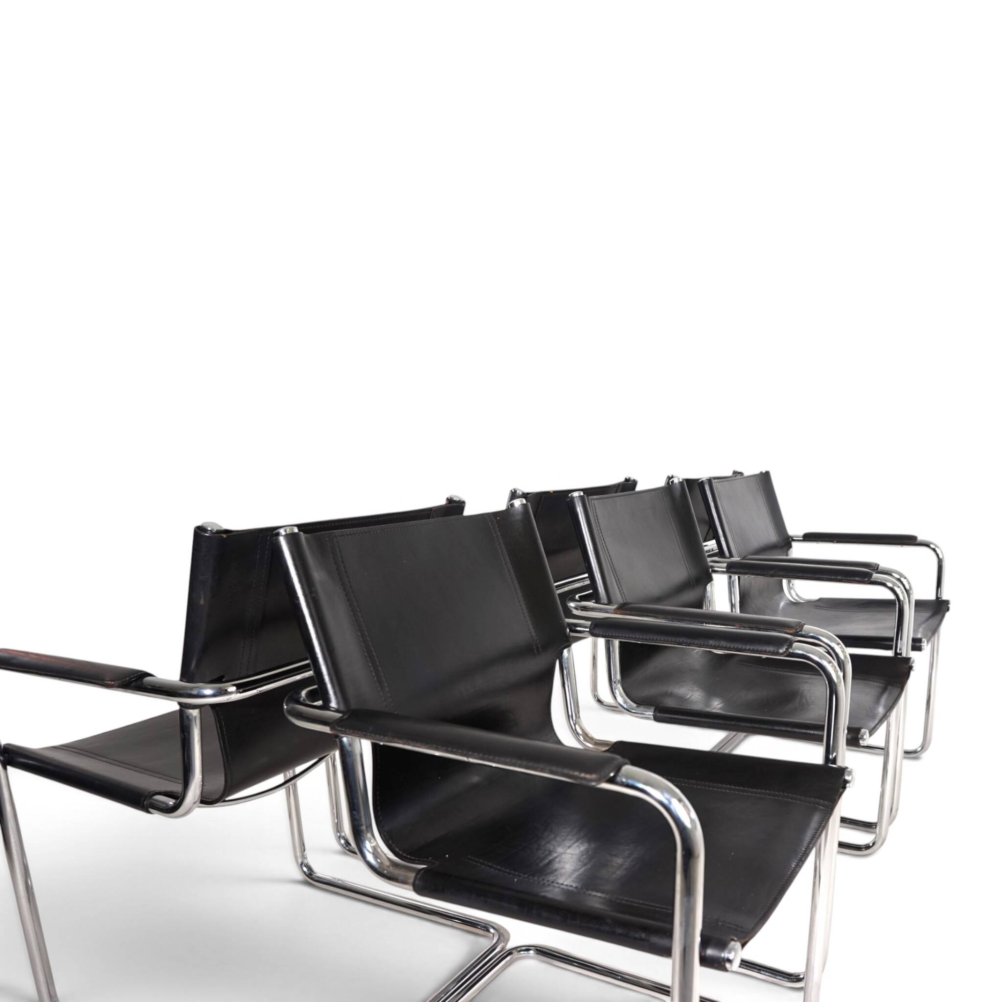 Matteo Grassi Set of 6 Visitor Chairs, Leather/Chrome Dining Chairs, 1970