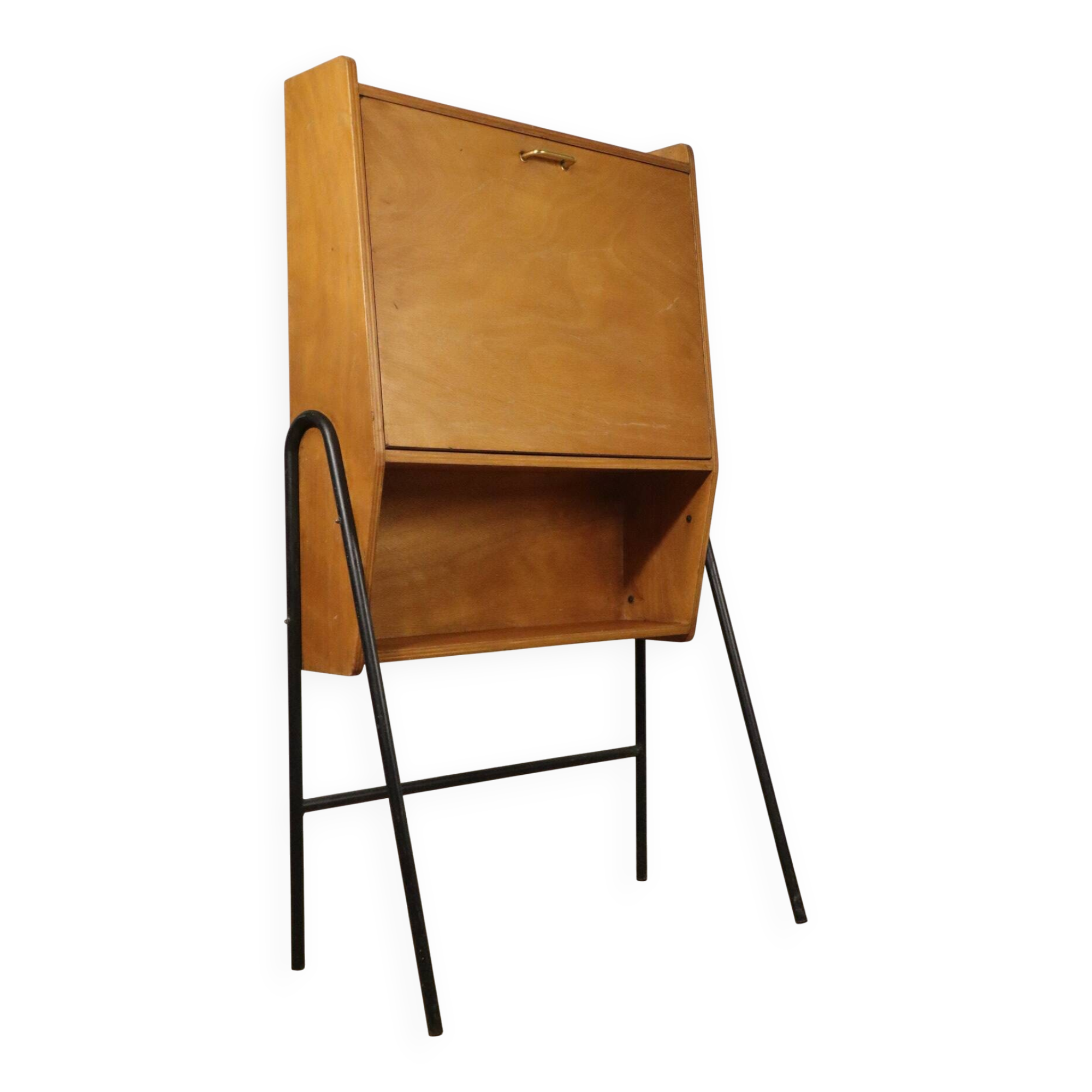 Vintage 1960s wooden secretary with metal legs.