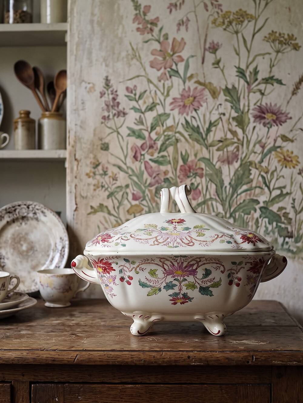 Antique Longchamp soup tureen/vegetable dish with polychrome daisies in ironstone.
