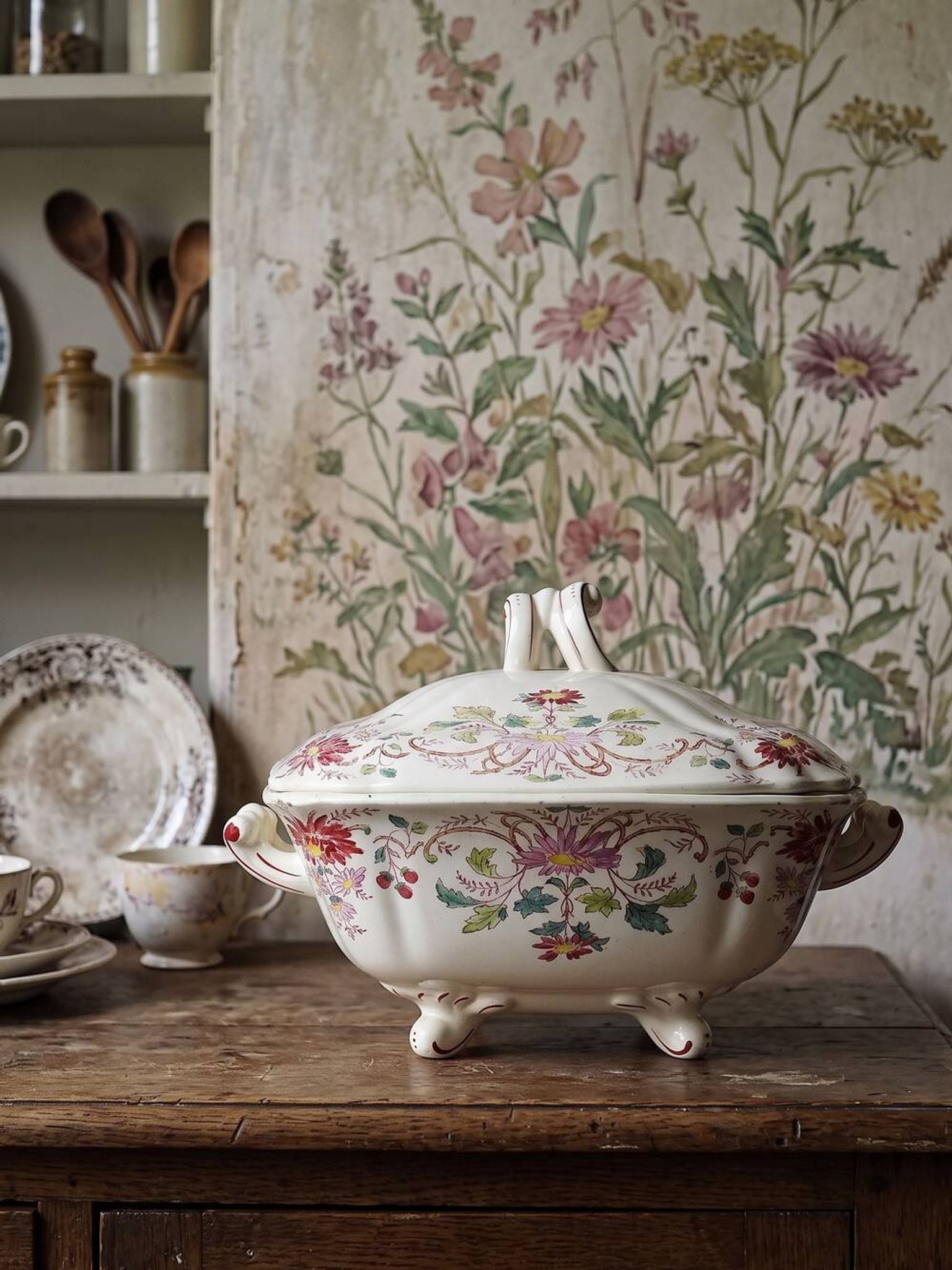 Antique Longchamp soup tureen/vegetable dish with polychrome daisies in ironstone.