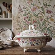 Antique Longchamp soup tureen/vegetable dish with polychrome daisies in ironstone.