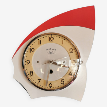 Vintage formica clock silent asymmetrical wall pendulum "BC Paris white red"