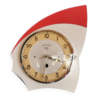Vintage formica clock silent asymmetrical wall pendulum "BC Paris white red"