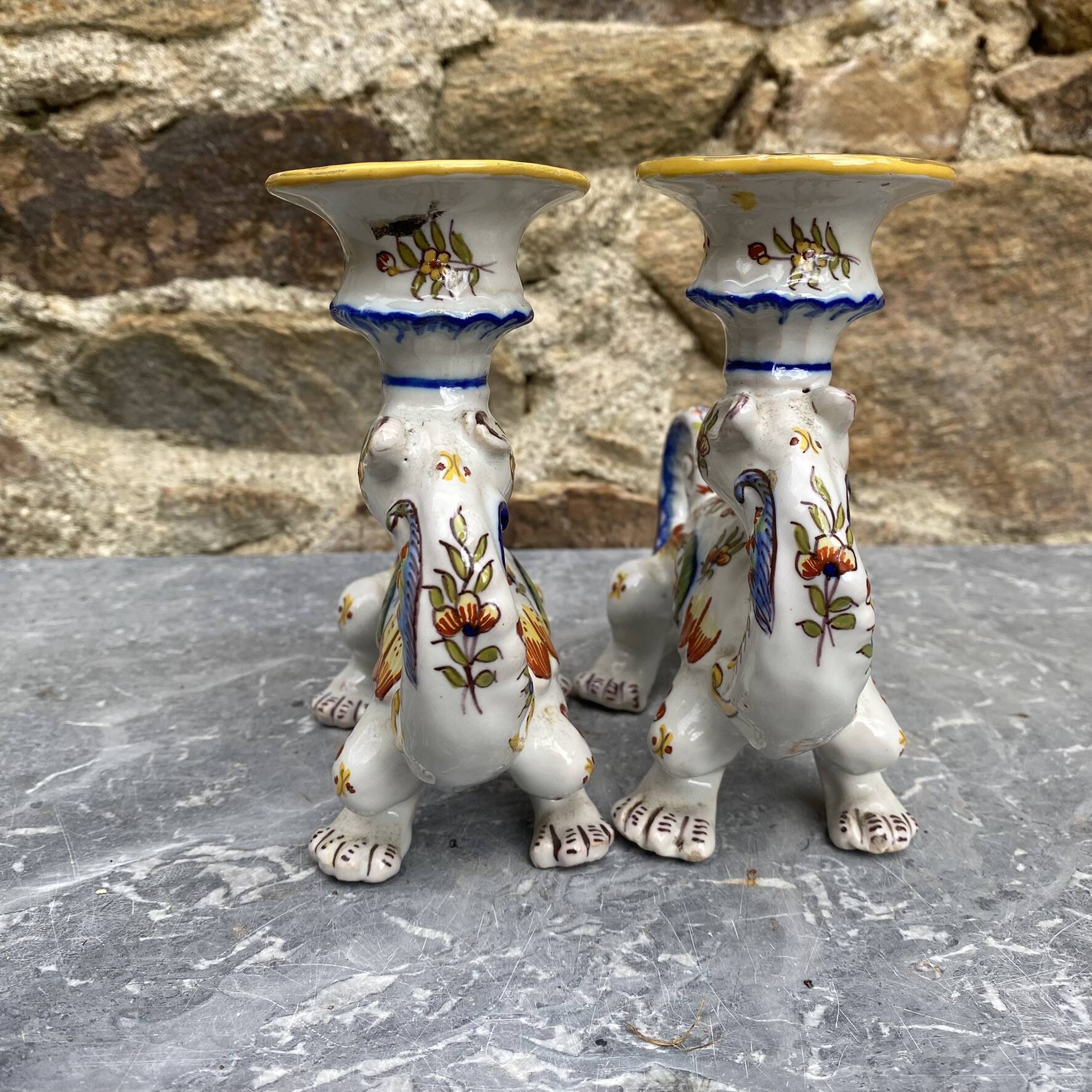 Pair of dragon candlesticks in Desvres earthenware, Rouen