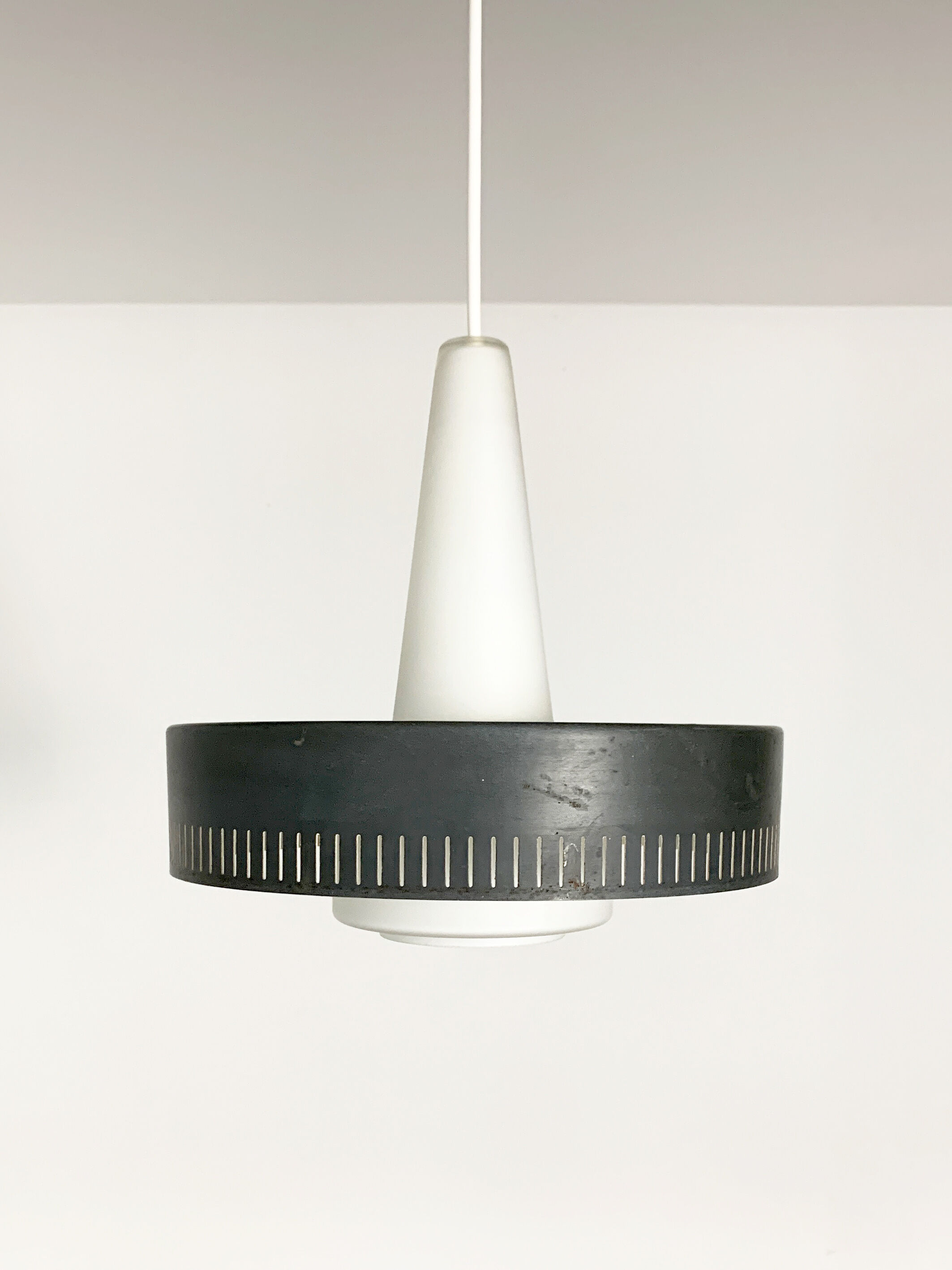 Modernist pendant lamp opal glass and grey metal Bent Karlby for Lyfa, Denmark, 1950-60