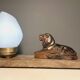 Art Deco lamp with marble, opaline globe & lion sculpture in spelter