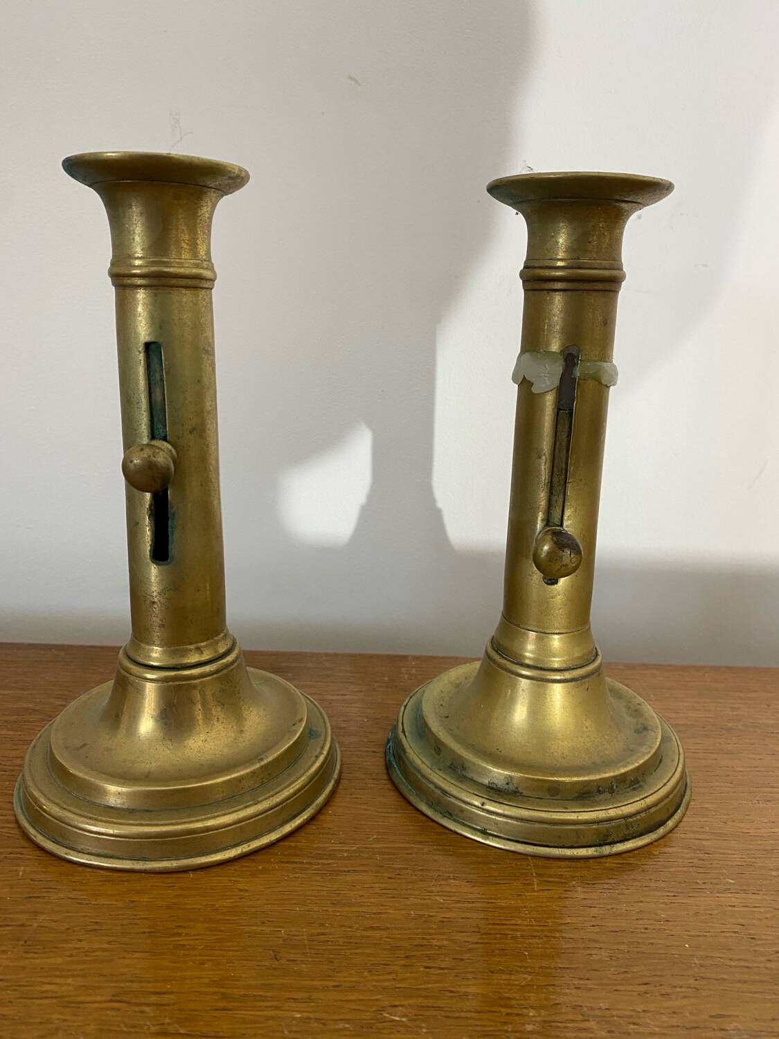 Pair of Antique Vintage Brass Push Candle Holders #C408