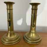 Paire De Bougeoir A Poussoir Ancien Laiton Vintage #C408