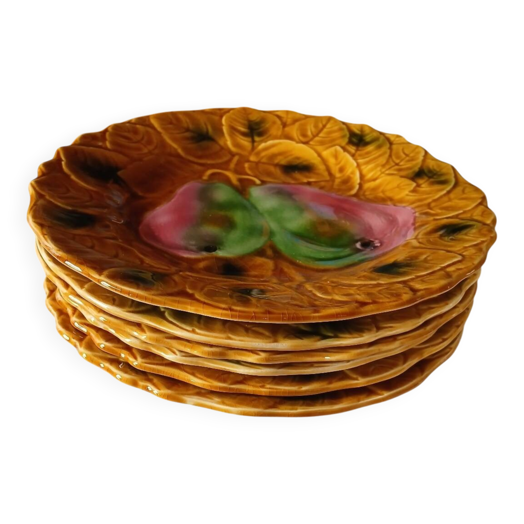 Set of 6 barbotine plates Digoin Sarreguemines from the 1950s-60s.