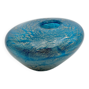 Chef-d'œuvre Murano : Vase Galet Bleu Lagon & Or 24K