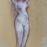 Tableau signé sanguine pastel portait féminin « la coiffure »