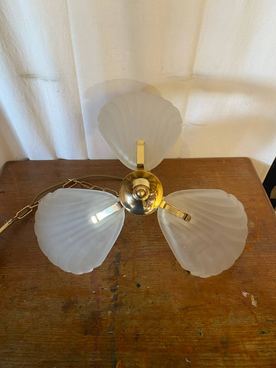 Antique Murano glass shell pendant light + gold-plated metal, wine