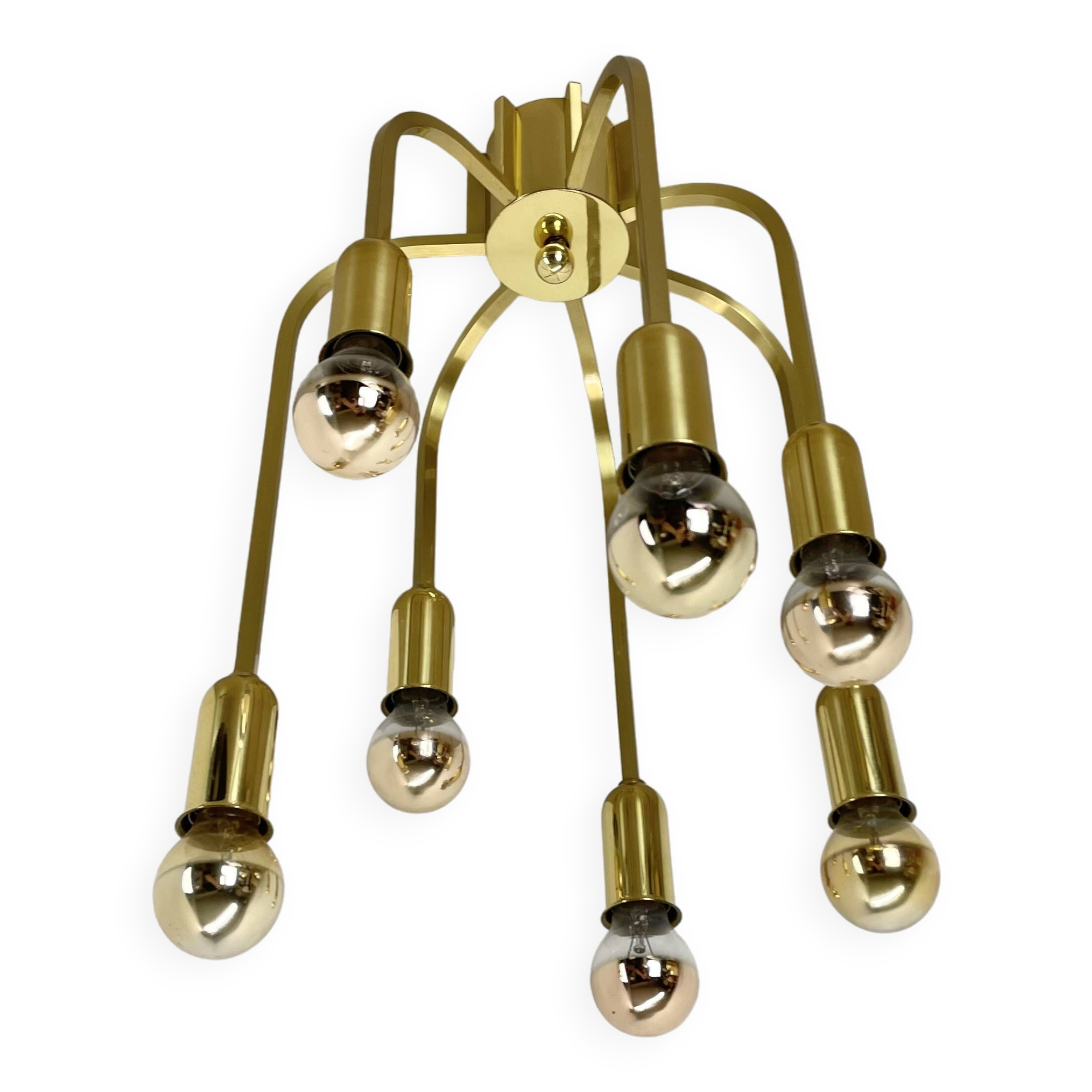 Large cubic brass 7 bulb flush mount ceiling light, italy 1970s