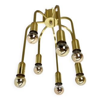 Large cubic brass 7 bulb flush mount ceiling light, italy 1970s