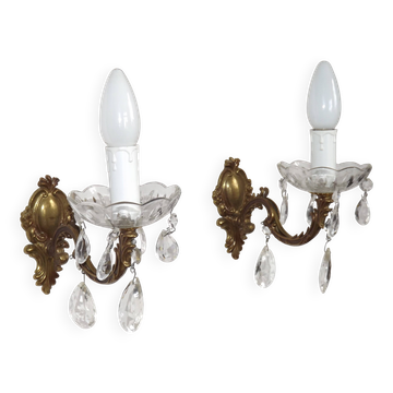 Pair French Vintage Single Bronze Wall Lights Adorned With Crystal Droplets