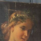 Oil on canvas portrait of young girl with plant crown 19th century