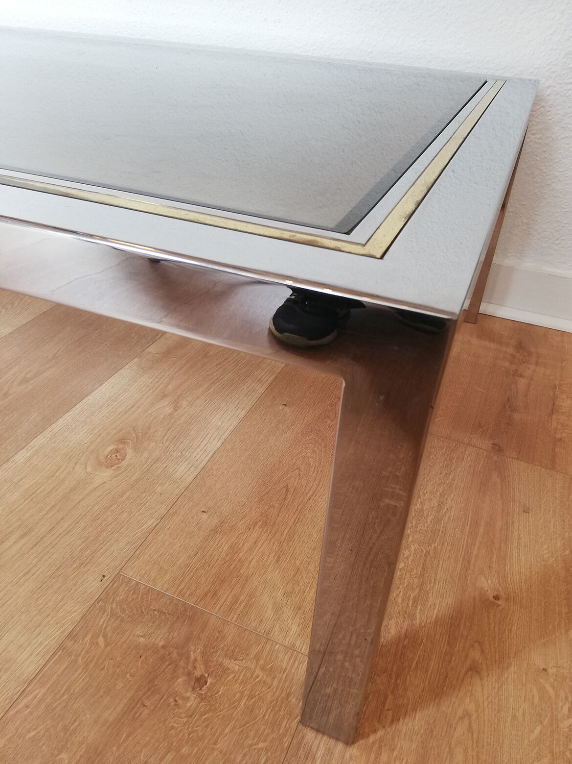 Chrome metal, brass and smoked glass coffee table to taste like Willy Rizzo