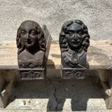 Pair of antique cast iron fireplace andirons, male and female couple