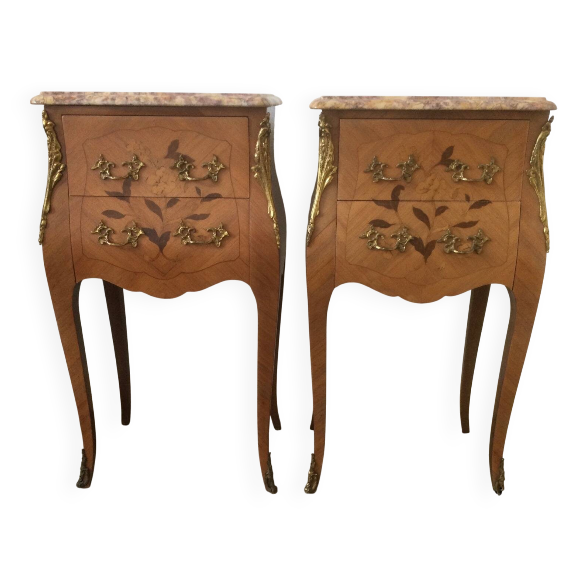 Pair of curved bedside tables in the Louis XV style with noble wood marquetry from the period.
