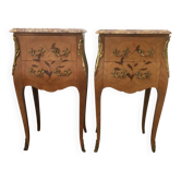 Pair of curved bedside tables in the Louis XV style with noble wood marquetry from the period.