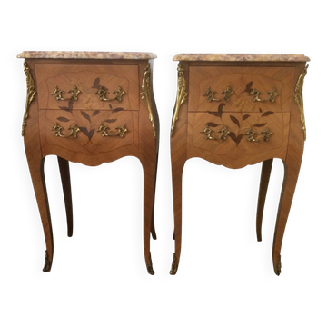 Pair of curved bedside tables in the Louis XV style with noble wood marquetry from the period.