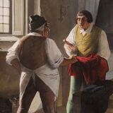 Italian painting interior scene with characters from XXth century