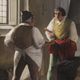 Peinture italienne scène intérieure avec des personnages du XXème siècle