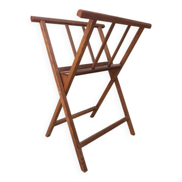 Folding oak magazine rack with slats – vintage magazine stand, mid-20th c.