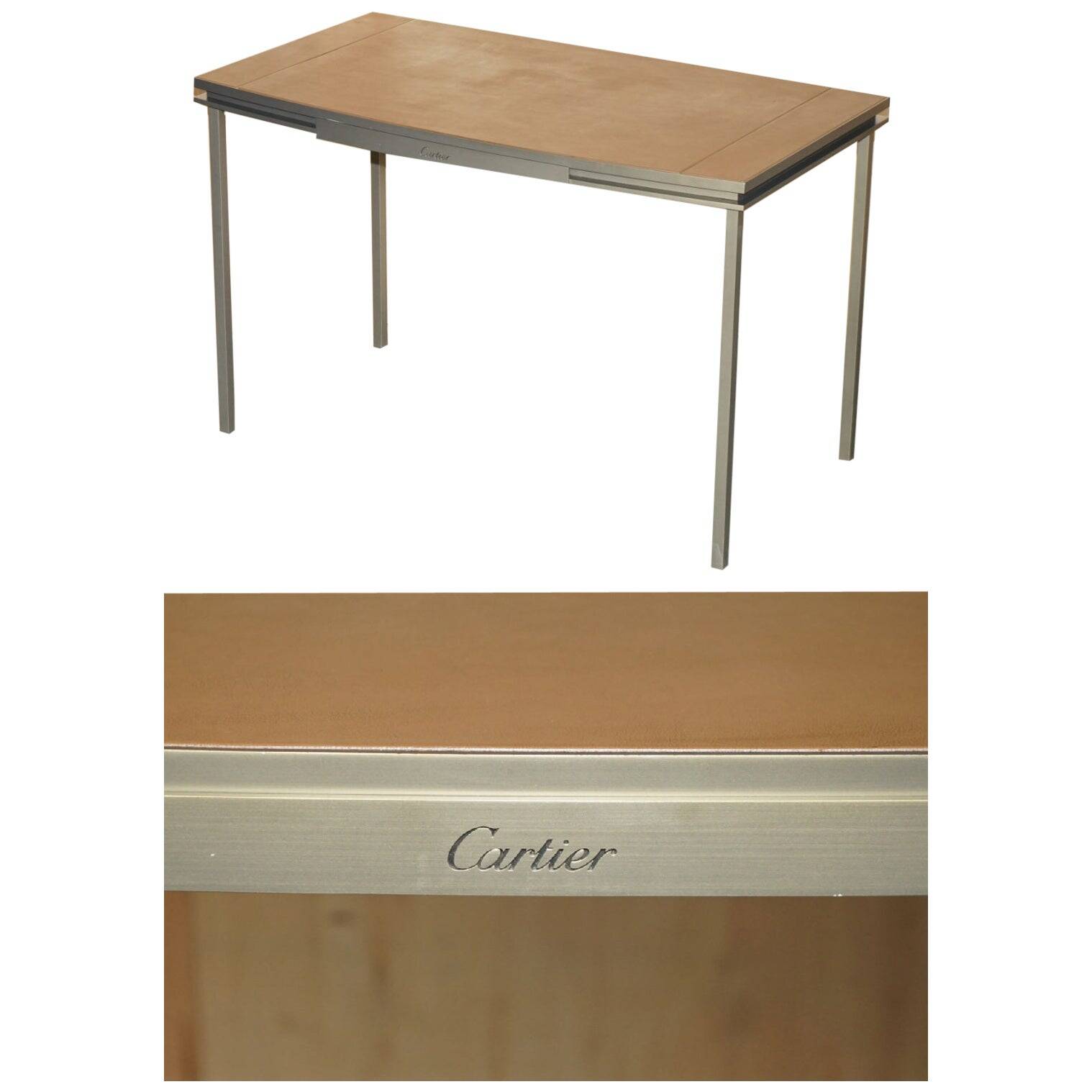 Modern mid-century writing desk signed Cartier in bronze and leather.