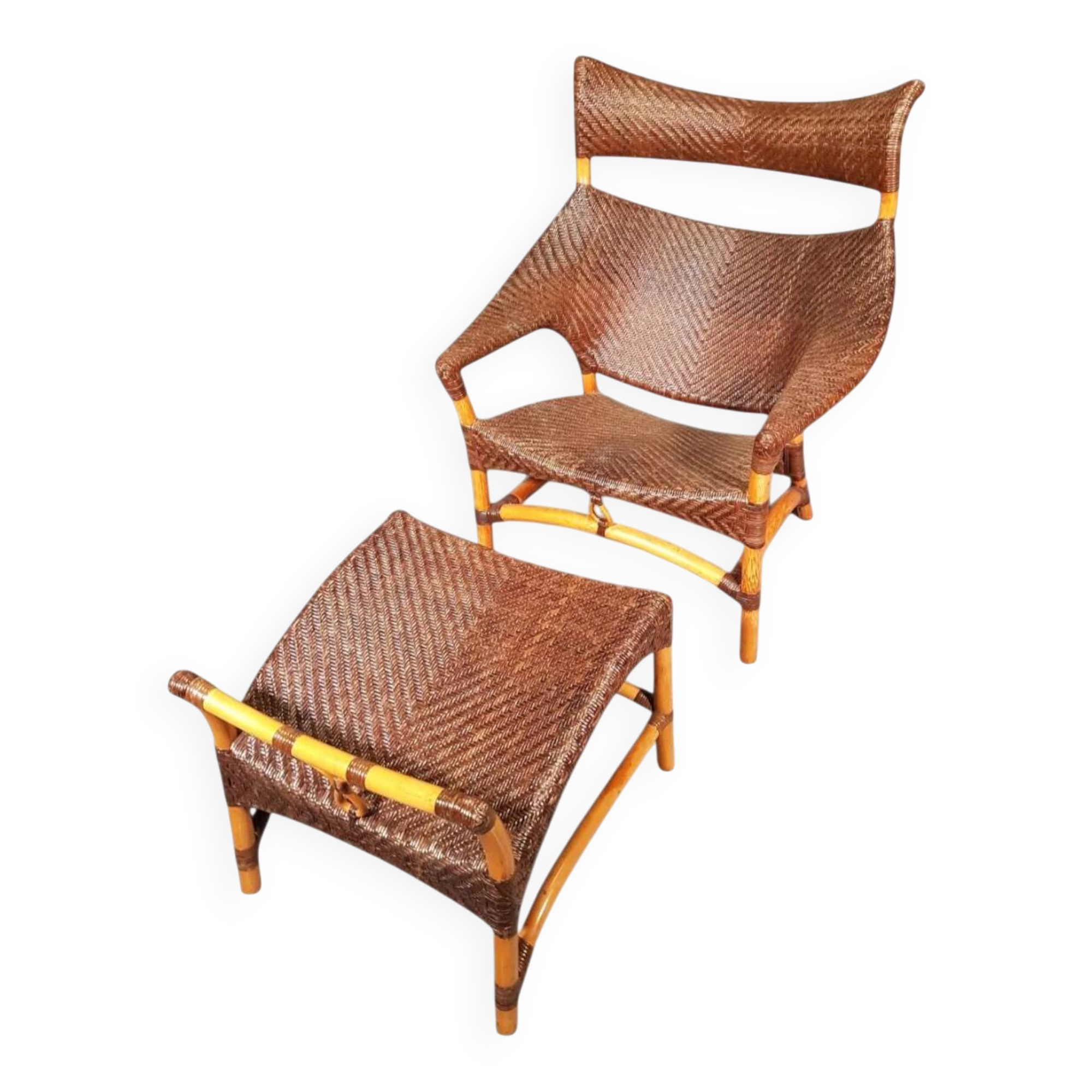 Lounge chair and footstool designed by Yuzuru Yamakawa rattan and bamboo