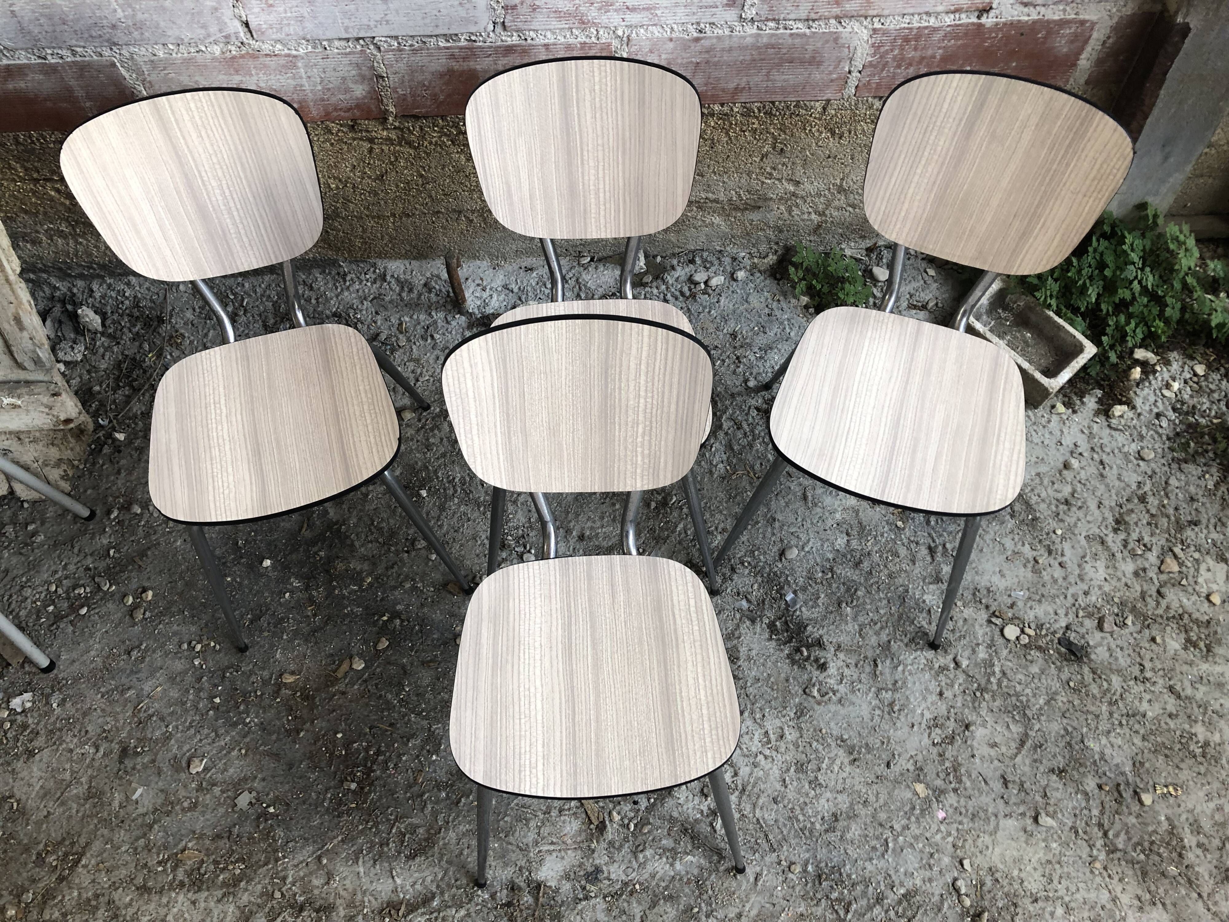 Series of 4 old formica chairs white grey + feet compass metal chrome 70's