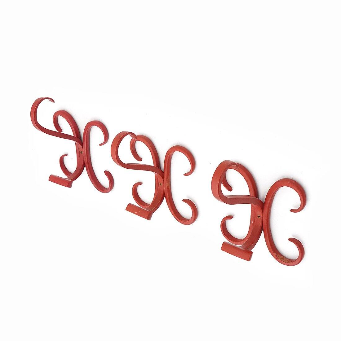 Curved red wooden coat hooks, 1960s, set of 3