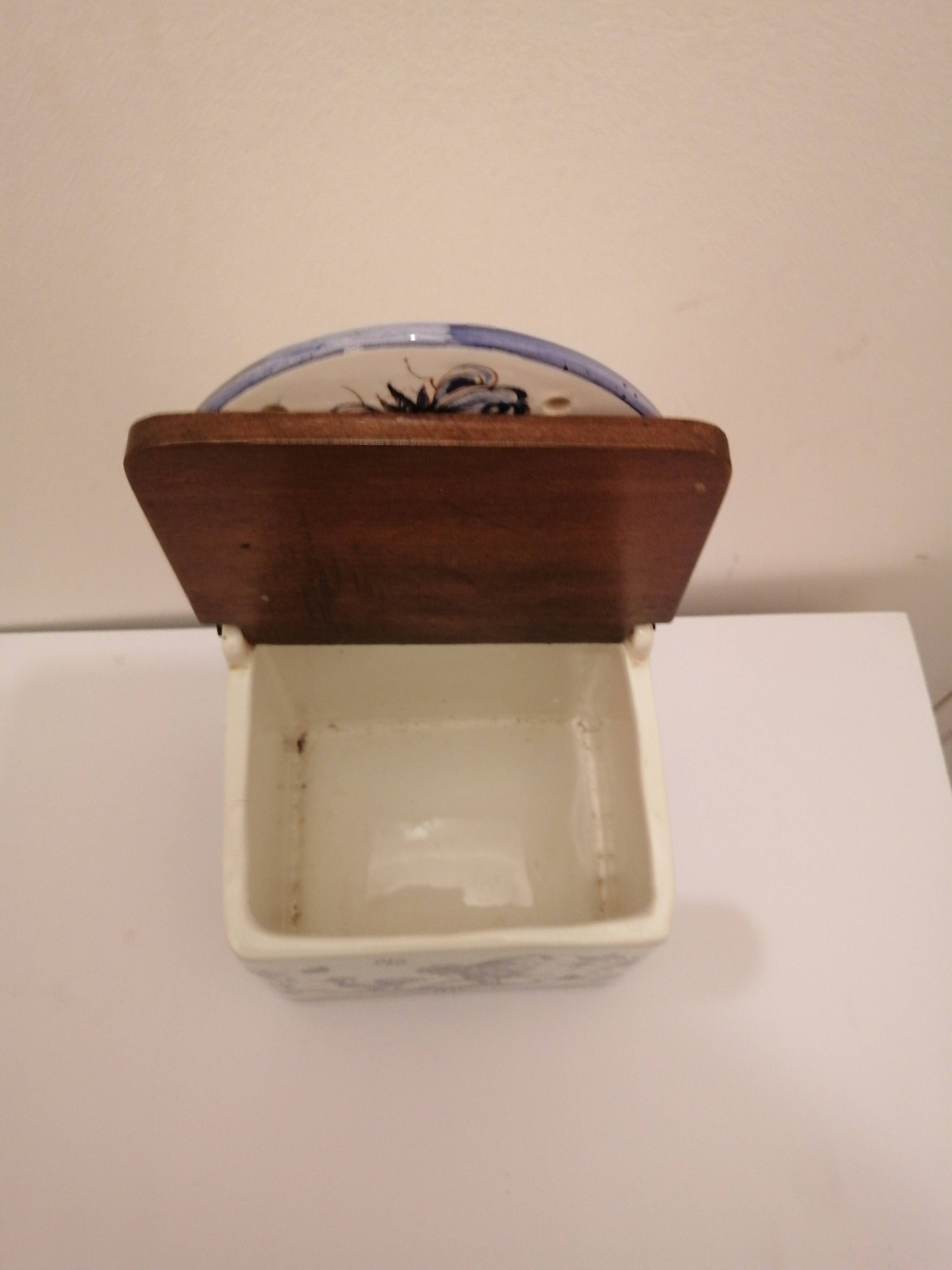Vintage ceramic and wood salt box