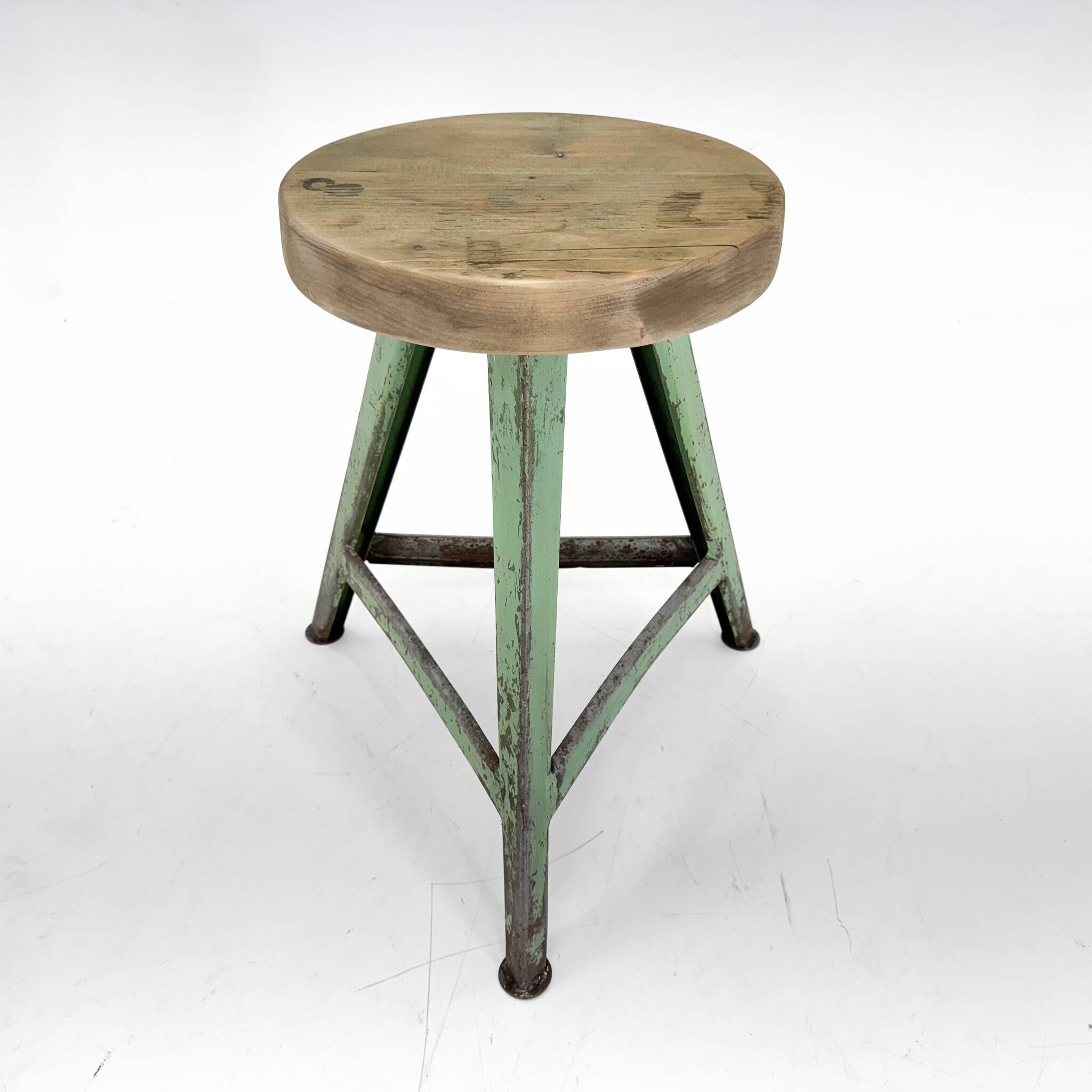 Vintage industrial steel & wood tripod stool, 1950's