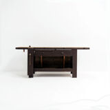 Brown painted workbench with shelf and drawers