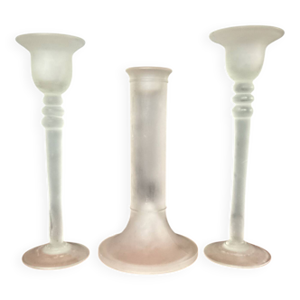 Vintage trio of frosted glass candle holders