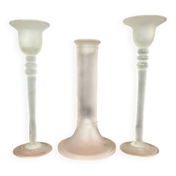 Trio de bougeoirs vintage en verre dépoli
