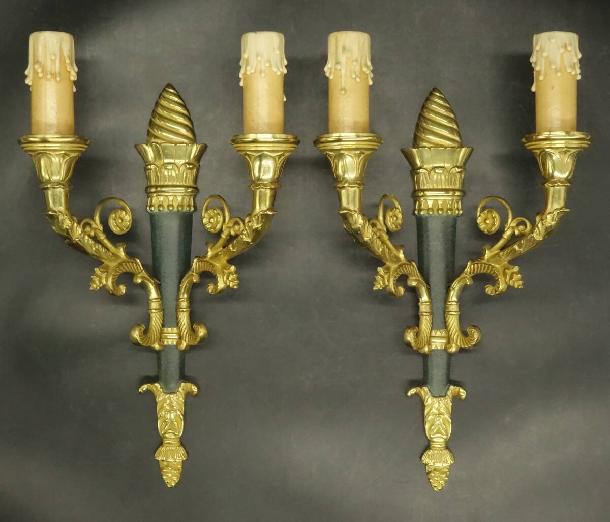 Pair of Restoration style wall lights from Hettier & Vincent - gilded bronze and green patina