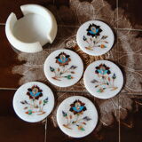 Set of 5 marble and inlaid stone coasters - Artisanal