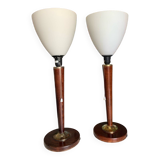 Pair of wooden and white opaline foot lamps