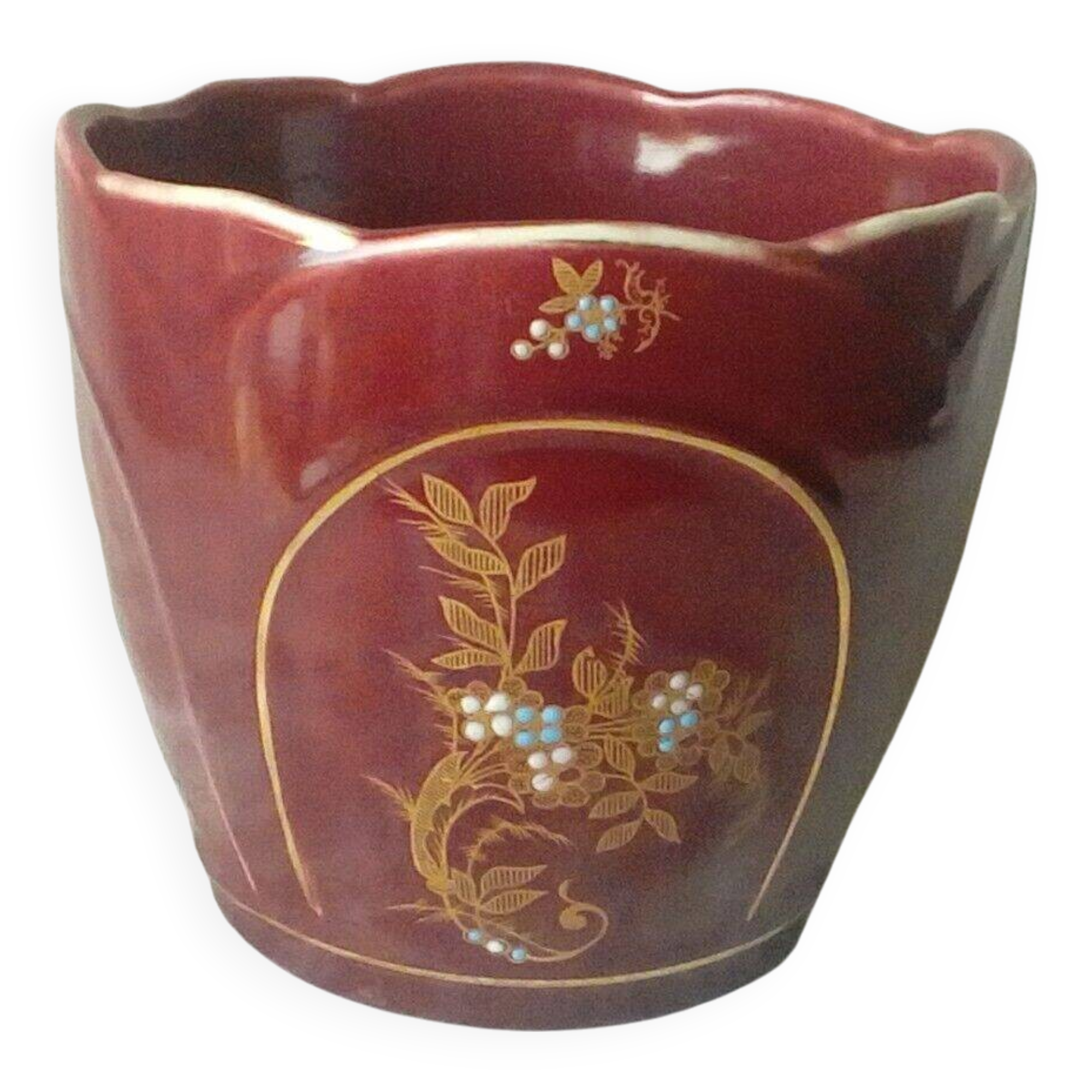 Cache pot en faience fives lille decor emaille epoque art nouveau