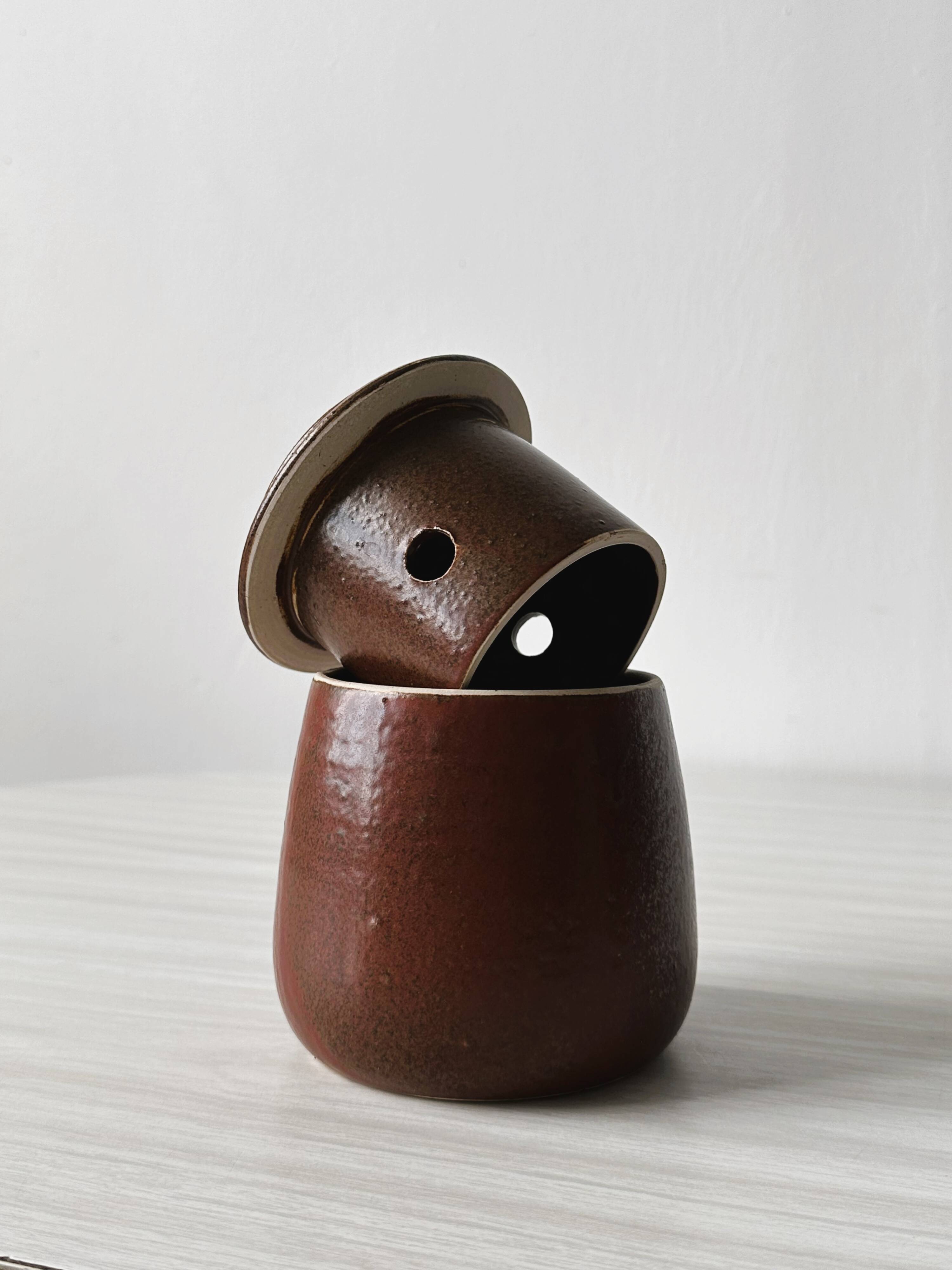 Red stoneware butter dish, old