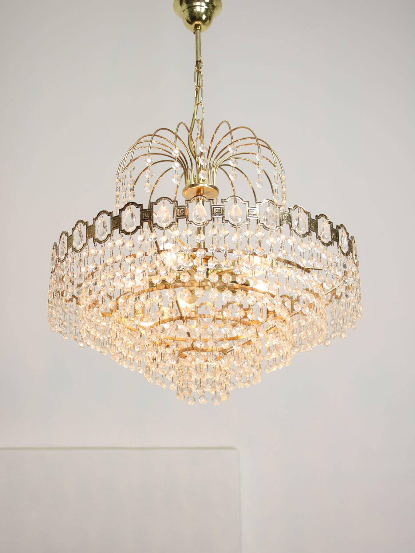 Vintage Italian Crystal and Golden Metal Chandelier, 80s