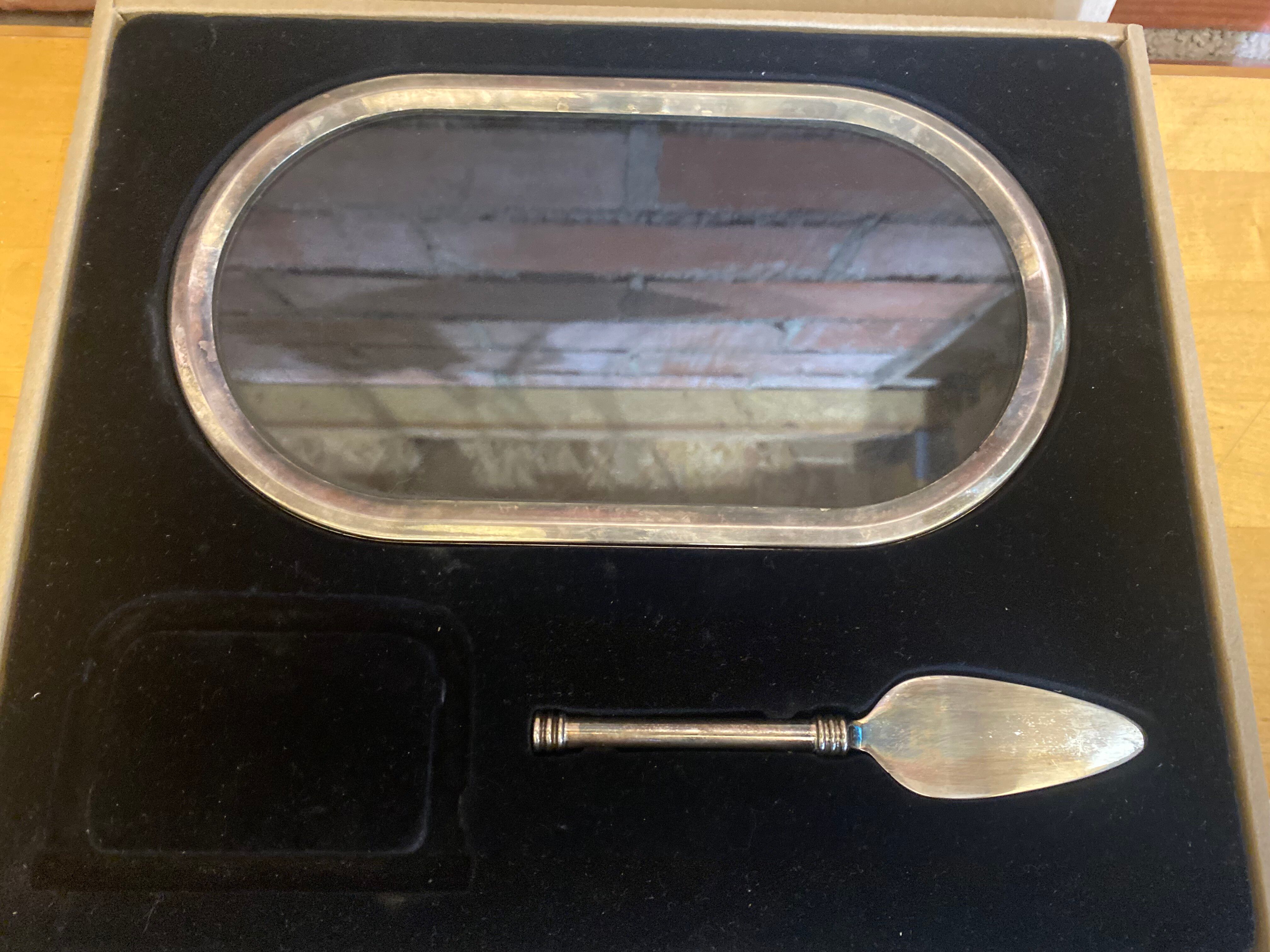 Foie gras service jd france platter + silver metal spatula + vintage glass