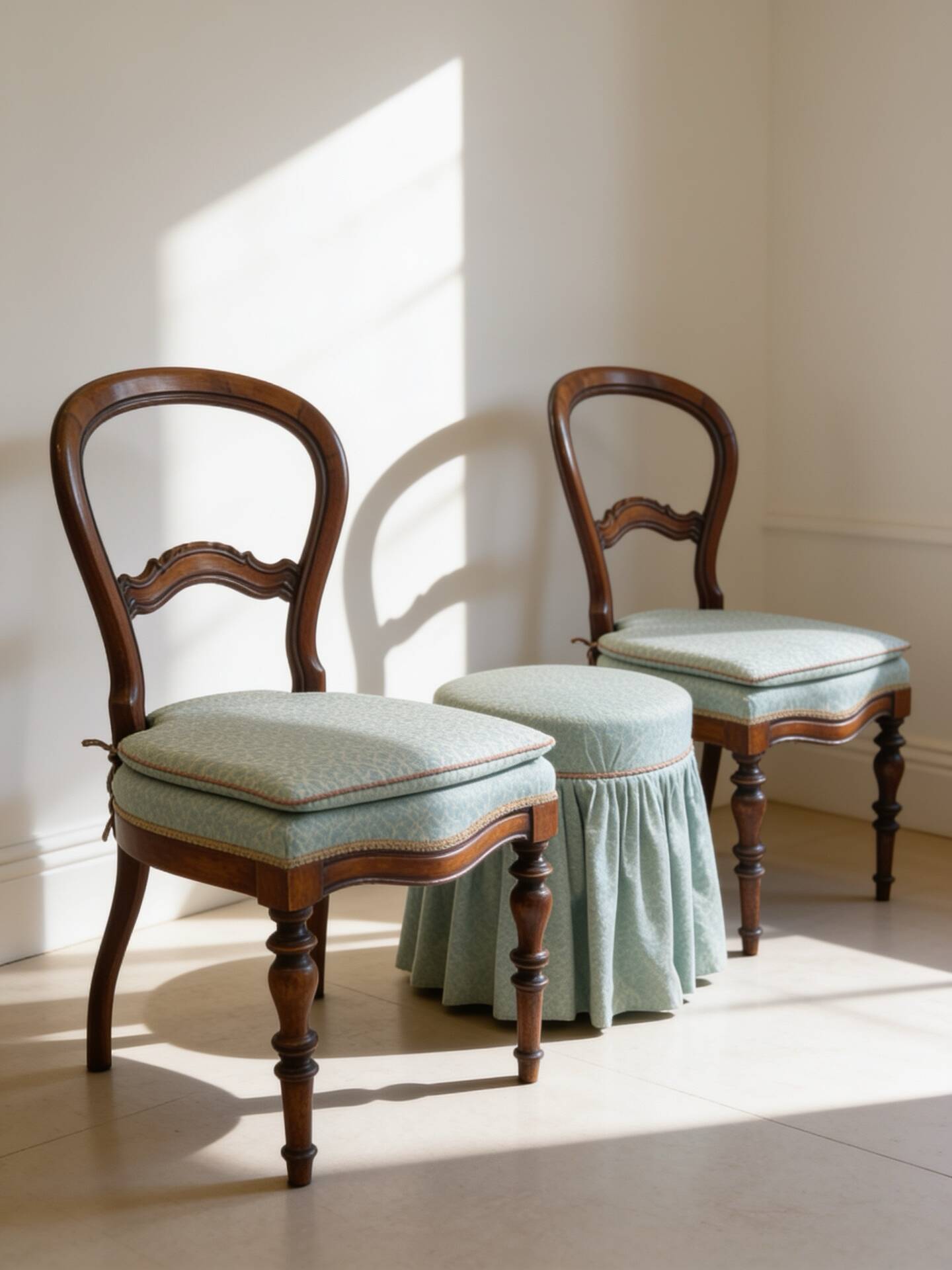 Antique Victorian era ballon back chairs and stool