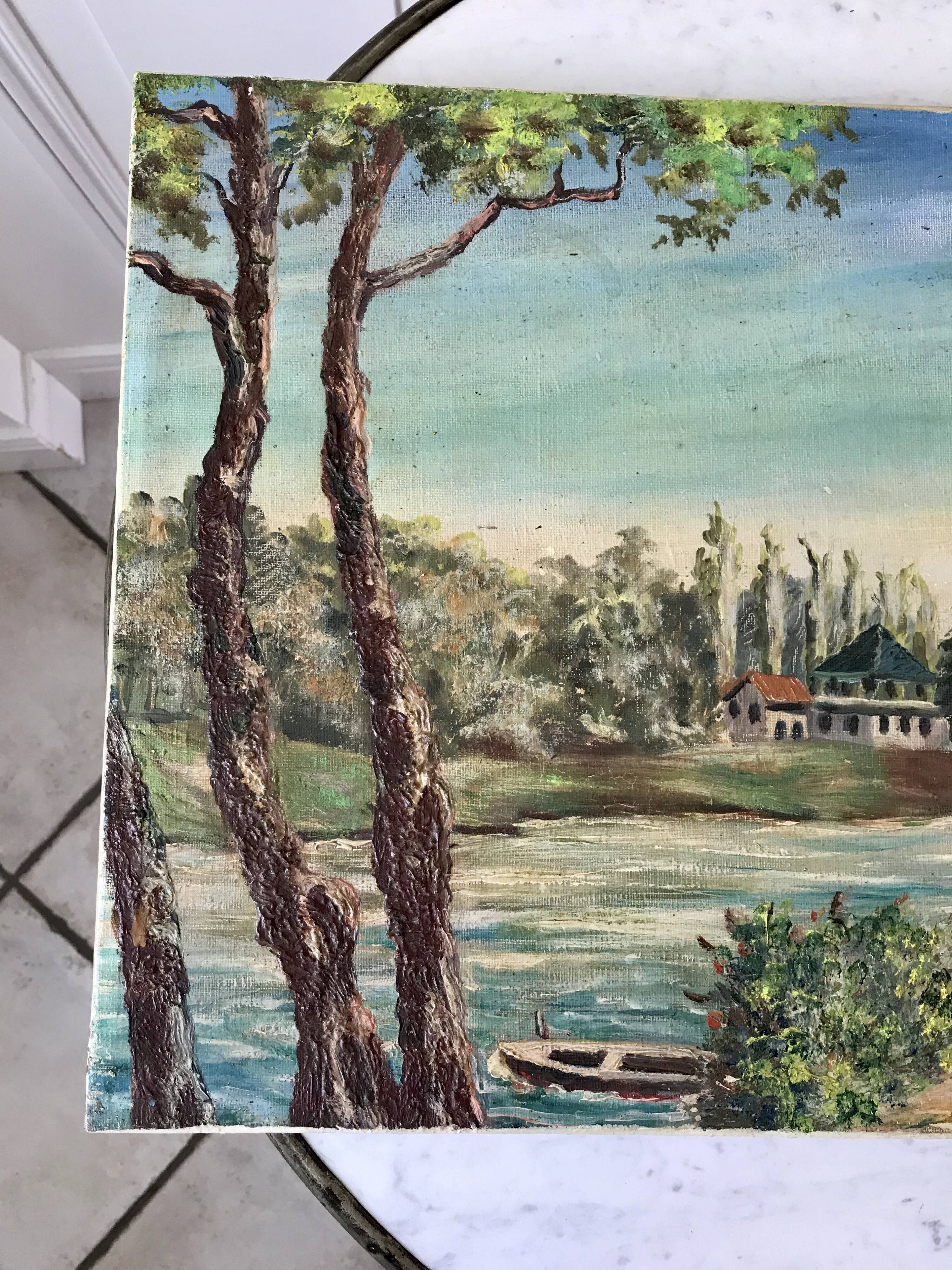 Oil painting on canvas landscape river bellerive bridge signed "morand" vinage