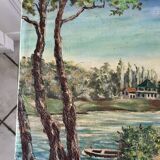 Oil painting on canvas landscape river bellerive bridge signed "morand" vinage