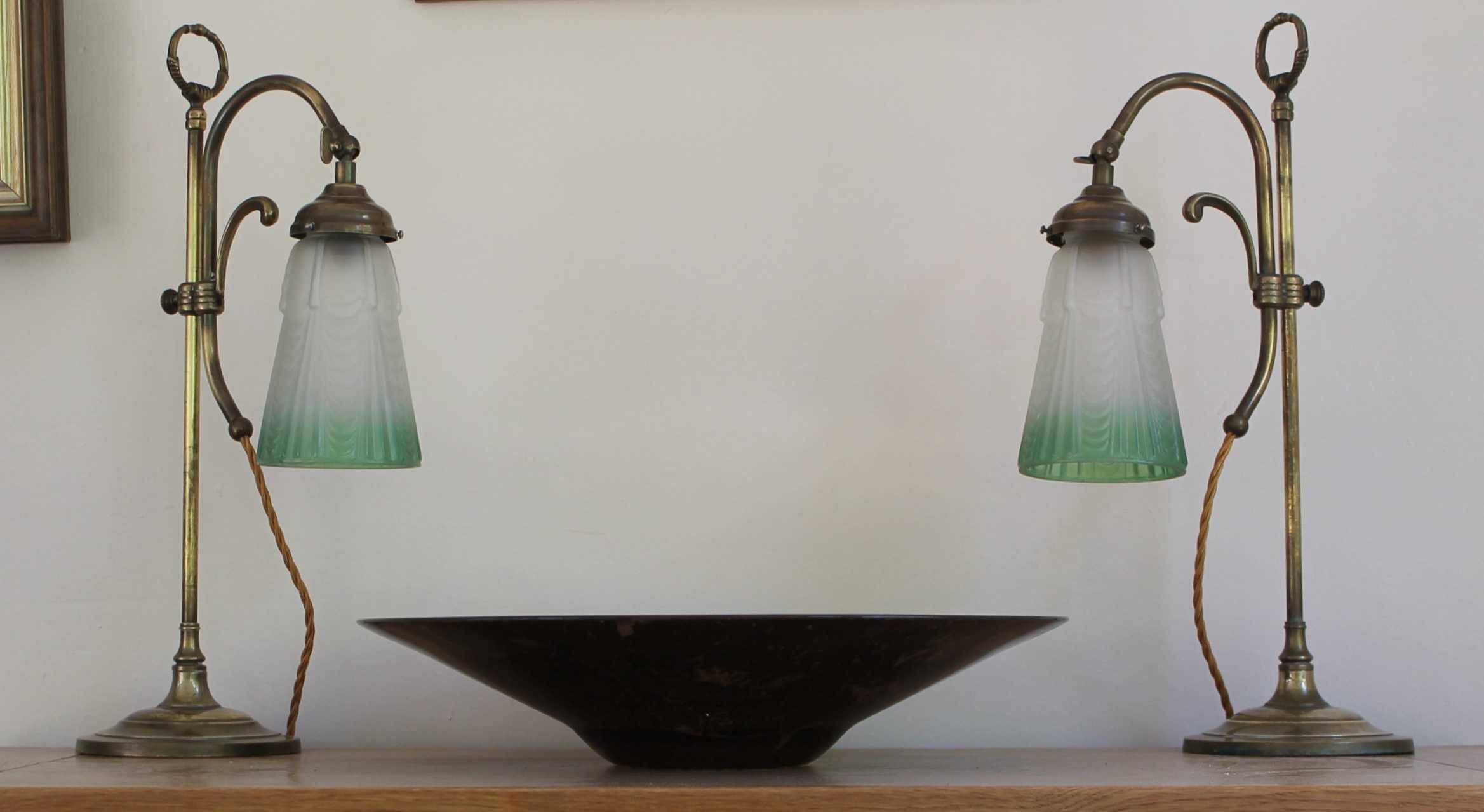 Art Nouveau style brass "rise and fall" table lamps after WAS Benson