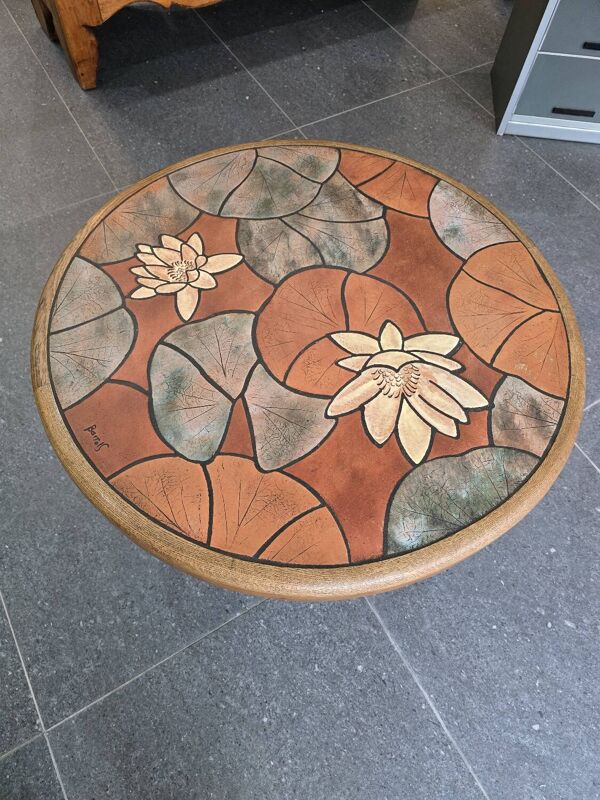 Table basse vintage- Signé Barrois en céramique émaillée et bois – Déc