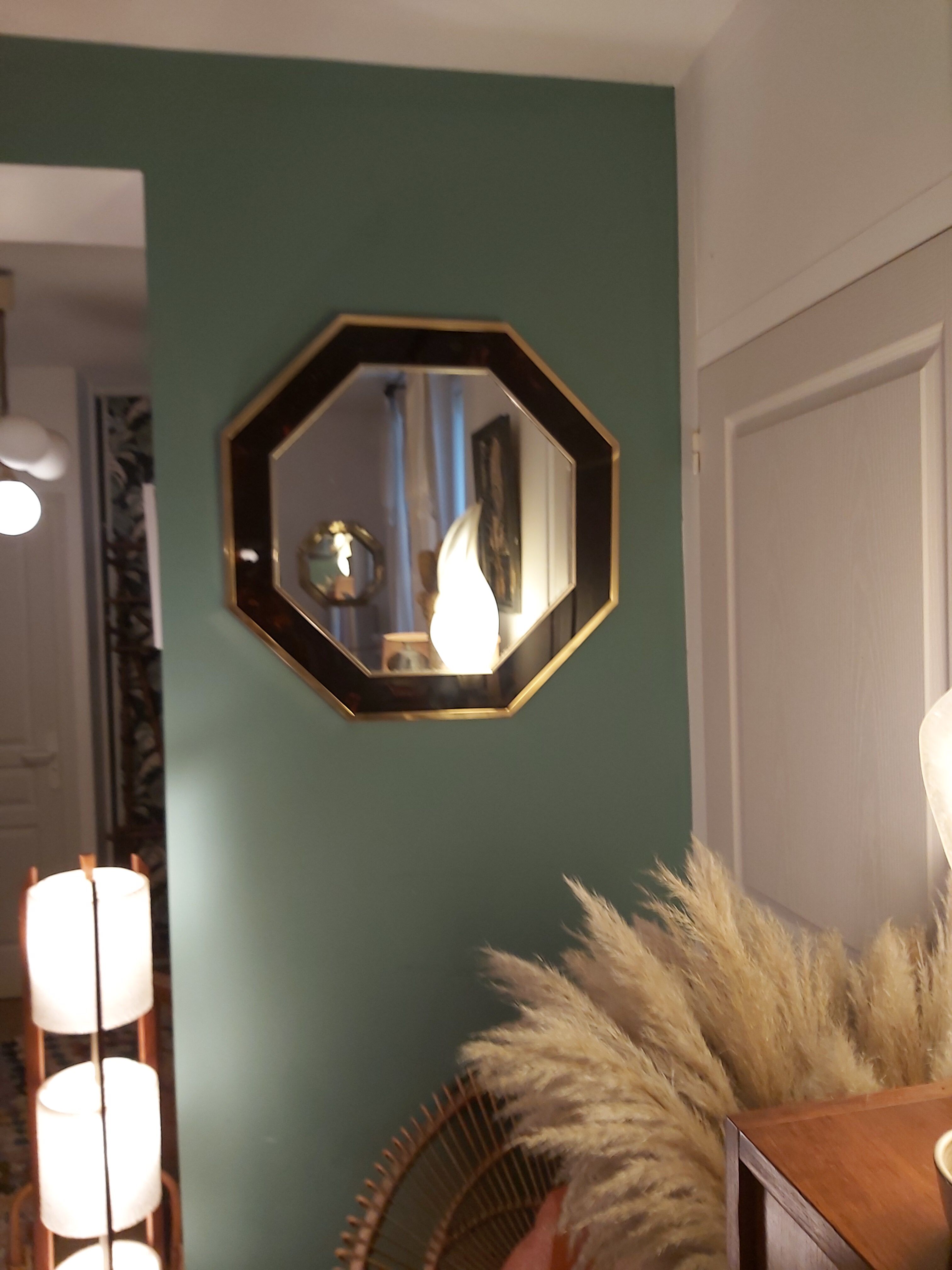 Octagonal mirror 70s in magnifying glass and brass